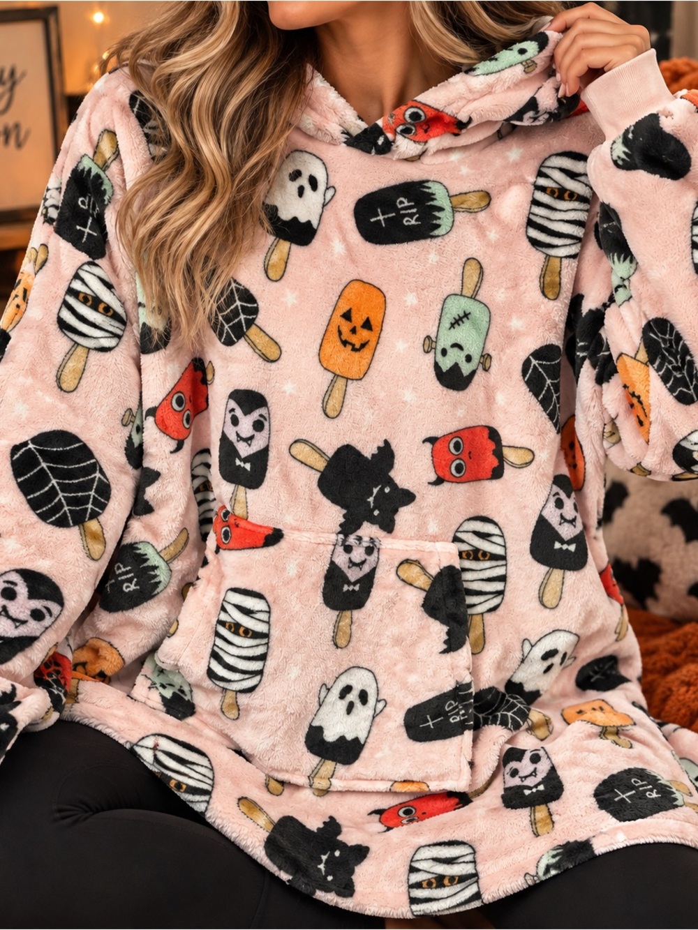One Size | Throwzy | Pink Halloween Hooded Wearable Blanket Poncho